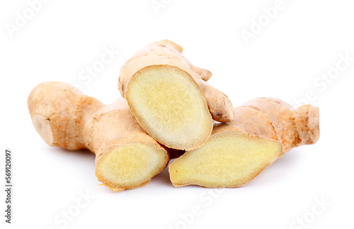 Pieces of ginger roots on white background
