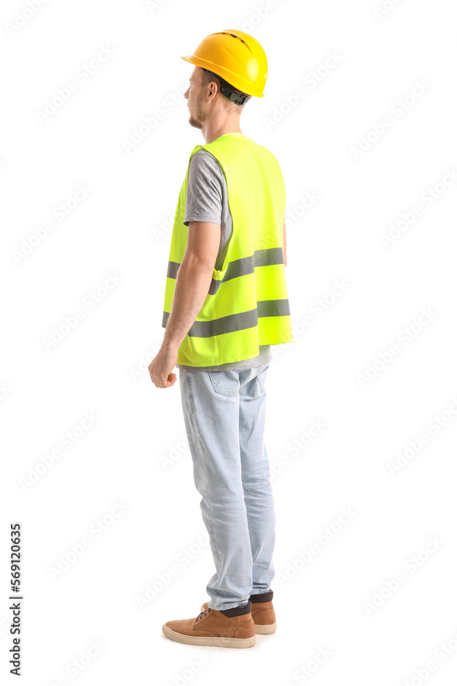 Male worker in vest and hardhat on white background Male worker in vest and hardhat on white background