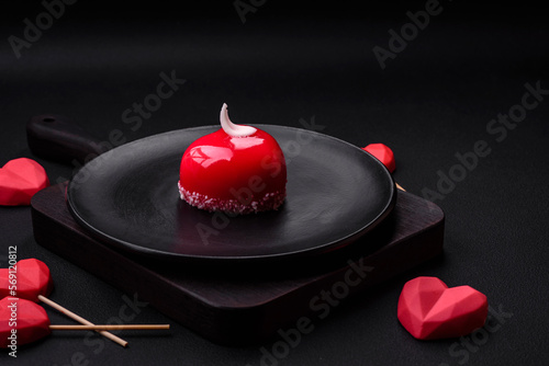 Beautiful tasty cake red color cheesecake in the shape of a heart