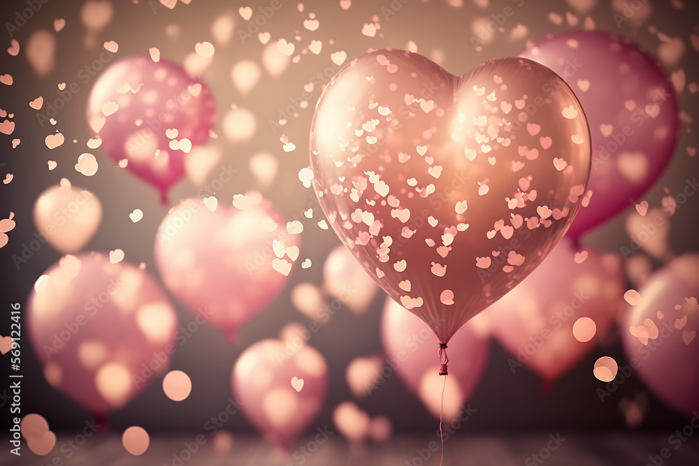 Pink heart shape balloons with a beautiful bokeh of lights in the blurred background. Generative AI Pink heart shape balloons with a beautiful bokeh of lights in the blurred background. Generative AI