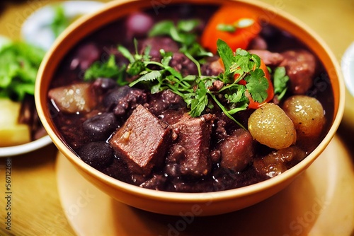brazilian feijoada, top view of traditional brazil food with pork meat and side dishes and copy space. generative ai