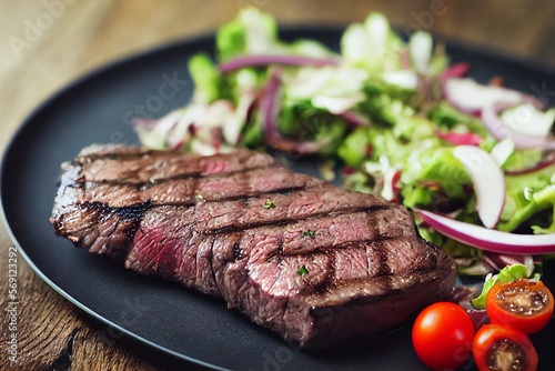 steaks made for dinner or lunch concept with salad, balanced meal with lettuce and tomatoes closeu up top view, red meat. generative ai