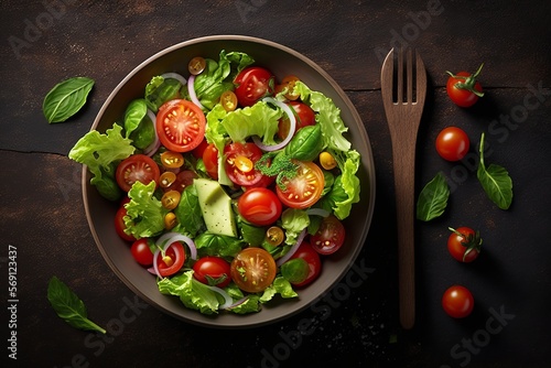 top view healthy salad meal lunch, tomato and lettuce. ai generative content