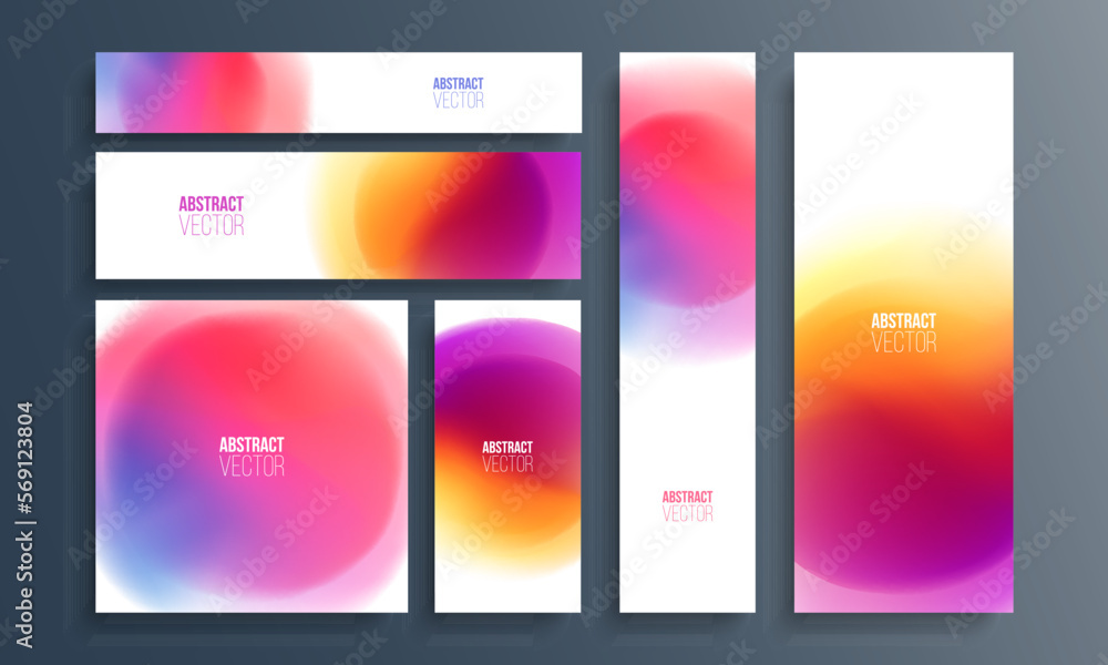 Set of vibrant color defocused banners and flyers. Bright abstract backgrounds with multicolored blurred gradients for your creative graphic design. Vector illustration.