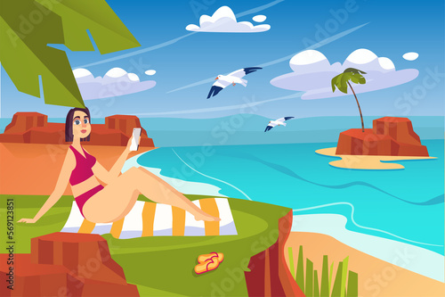 Beach concept with people scene in the background cartoon style. Girl rests on the beach and watches seagulls near the sea.