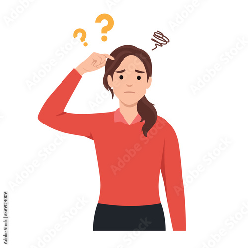 Young woman scratching her head. Puzzled girl scraping hair, feeling doubt or hesitating. Question and doubt concept, human expression and body language. Flat vector illustration isolated on white