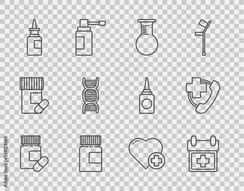 Set line Medicine bottle and pills, Doctor appointment, Test tube flask, Bottle nasal spray, DNA symbol, Heart with cross and Emergency phone call hospital icon. Vector