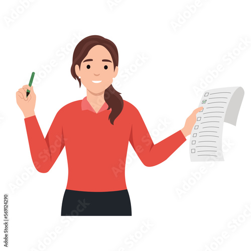 Young Businesswoman and checklist. Girl holding pen and to do list. Business time management, examination. Flat vector illustration isolated on white background