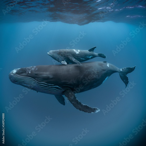 A mother whale swimming with her calf in the ocean sea