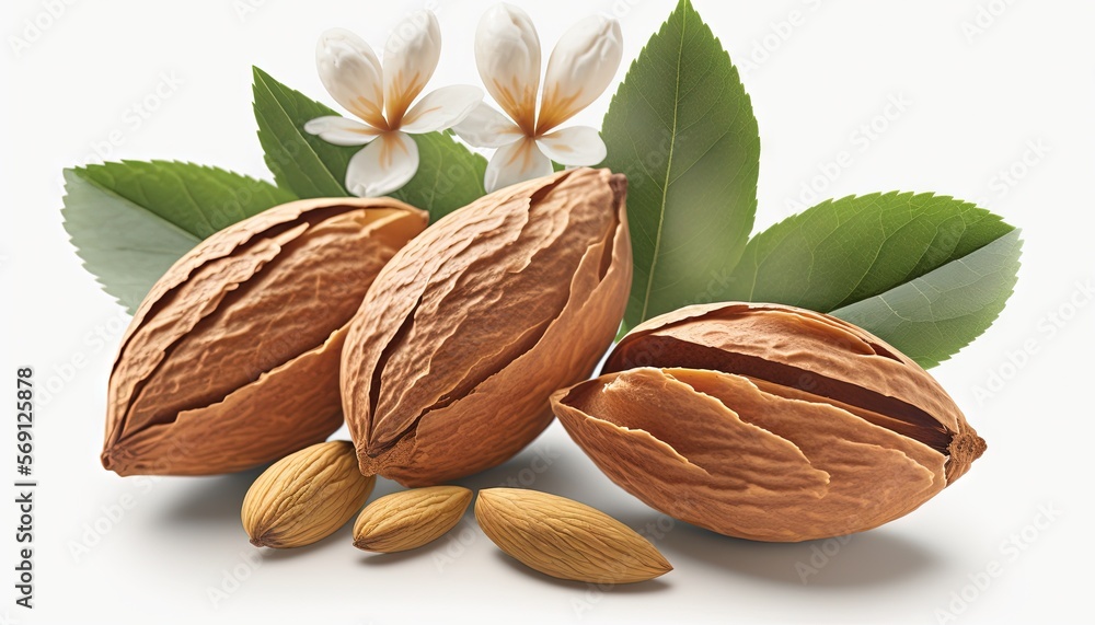 some nuts and some leaves on a white background with a white flower in the middle of the picture and a white background with a white flower in the middle. generative ai some nuts and some leaves on a white background with a white flower in the middle of the picture and a white background with a white flower in the middle. generative ai