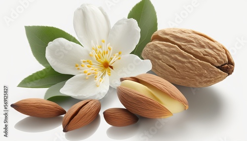  a nut and a flower on a white background with a reflection in the image of the nut and the flower on a white background with a reflection in the image.  generative ai