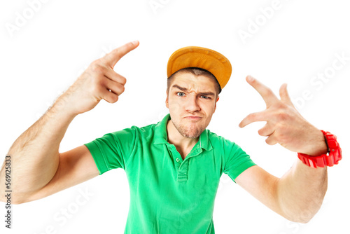 Portrait of cool looking young man posing in studio isolated on white.