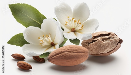  almonds and flowers with leaves on a white background with a white background and a white background with a white background and a white background with a white background with a.  generative ai