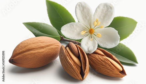 almonds and a flower with leaves on a white background with a reflection in the image of the almonds and the flower with leaves on a white background. generative ai