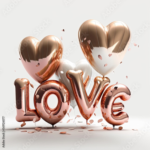 Cute rose gold foil balloons spelling love with white and gold balloon hearts on white background with confetti. Generative AI.
