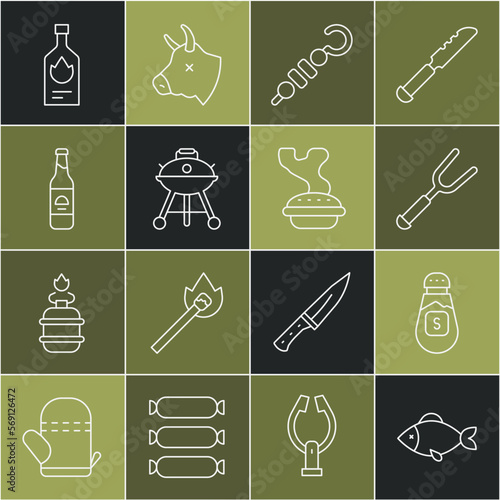 Set line Fish, Salt, Barbecue fork, Grilled shish kebab, grill, Beer bottle, Tabasco sauce and Homemade pie icon. Vector