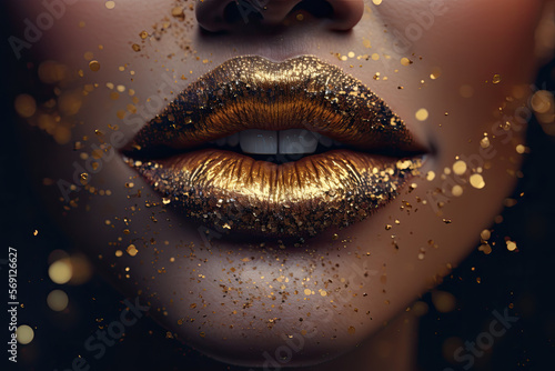 Close up of metallic gold lips on female model with gold glitter and bokeh. Generative AI.