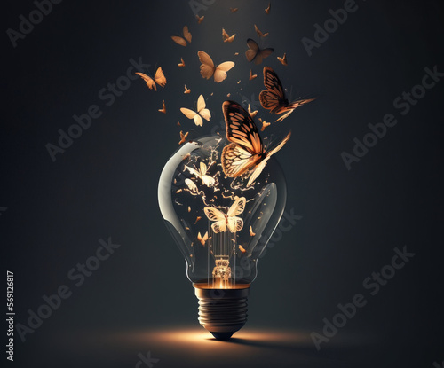 Fényképezés Creative idea , with butterflies emerging from light bulb
