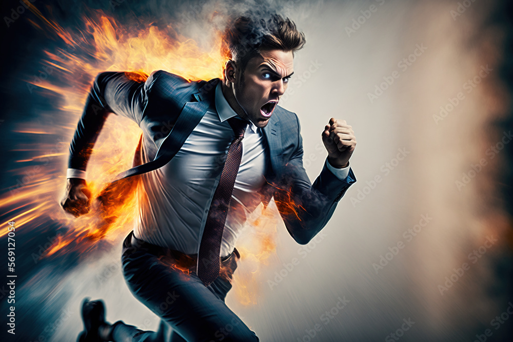 Businessman on fire running with a sense of urgency and rush. Generative AI illustration Businessman on fire running with a sense of urgency and rush. Generative AI illustration