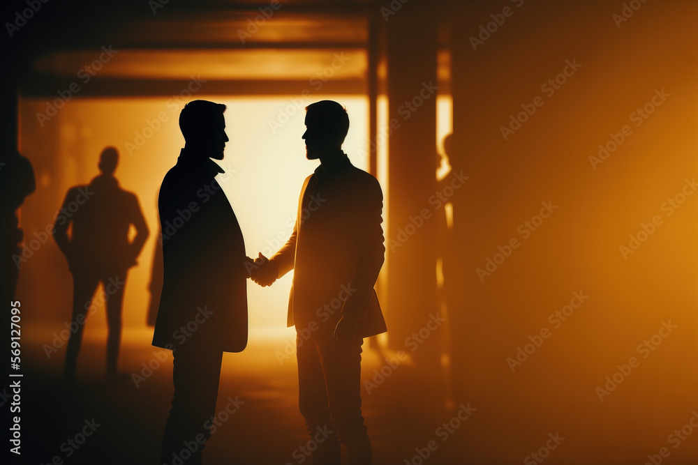 Business agreement between two men in business suits. Generative AI illustration