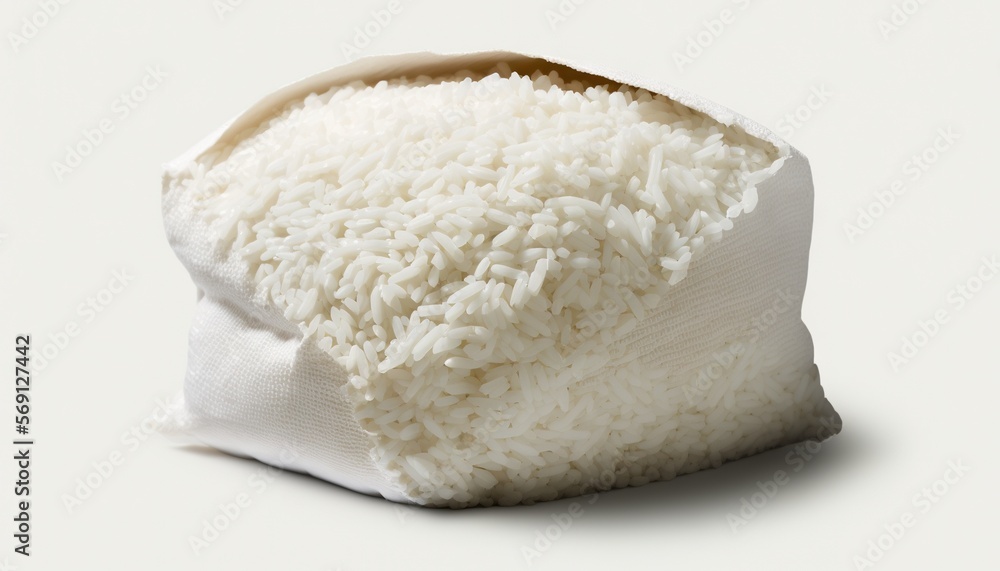  a bag of white rice on a white background with a white background and a white bag of rice on the ground with a white background.  generative ai