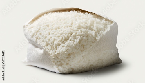  a bag of white rice on a white background with a white background and a white bag of rice on the ground with a white background.  generative ai
