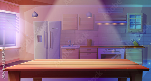 Modern vector cartoon style illustration of night kitchen room in the dark with light oven dining table, with fridge, oven with a stove and hob, sink.