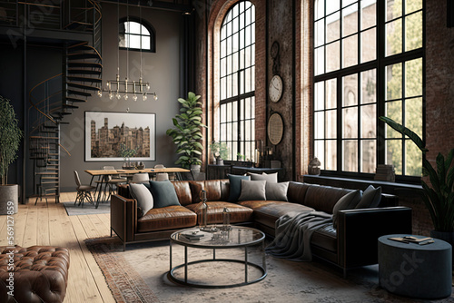Living room interior in loft  industrial style  3d render. Home design. 3d rendering  Generative AI