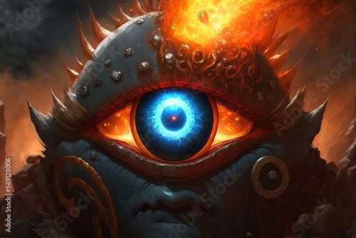 A cyclop with a single, blazing eye, who crafts powerful weapons for the gods. Digital art painting, Fantasy art, Wallpaper. photo