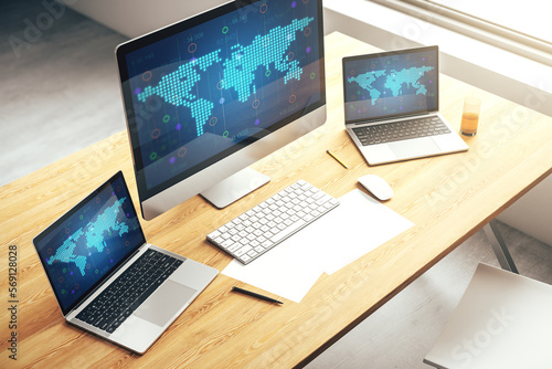 Modern computer monitor with abstract digital world map, research and strategy concept. 3D Rendering