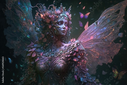 A nymph with wings of iridescent butterflies and a body made of flowers, who dances through the gardens spreading joy and life. Digital art painting, Fantasy art, Wallpaper