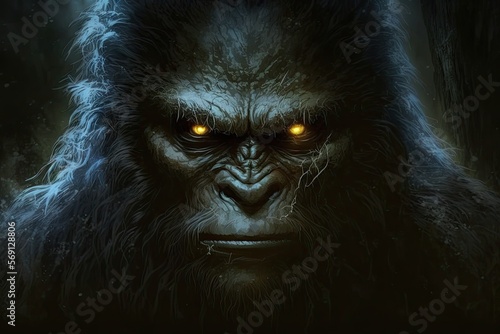 A sasquatch with fur as black as coal and eyes that gleam like diamonds, who roams the wilderness searching for solitude. Digital art painting, Fantasy art, Wallpaper photo