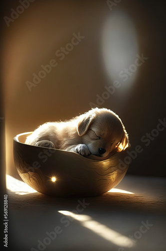 Adorable tiny miniature puppy baby sleeping. Beam of sunlight. Generative AI.