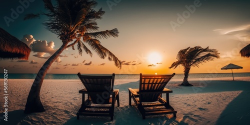 sunset on the beach with beach chairs made with generated ai