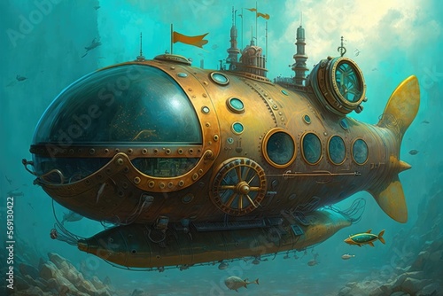 Futuristic submarines powered by steam engines steampunk style painting. Digital art painting, Fantasy art, Wallpaper. Generative ai.
