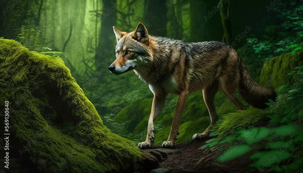  a wolf standing in the middle of a forest with moss growing on it's sides and looking at the camera with a serious look on his face.  generative ai