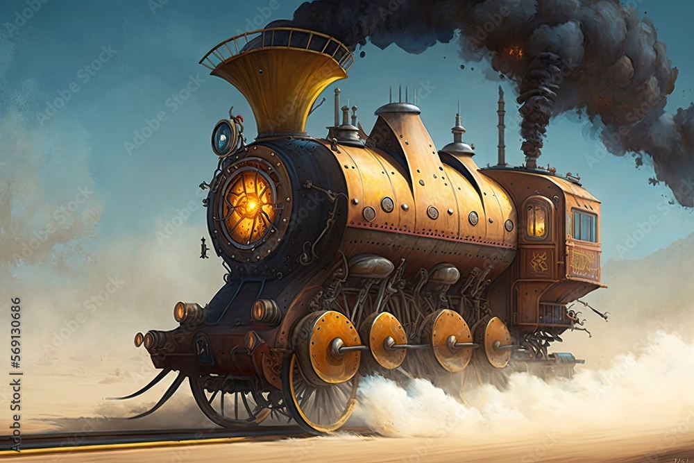 Timetraveling machines powered by steam steampunk style painting