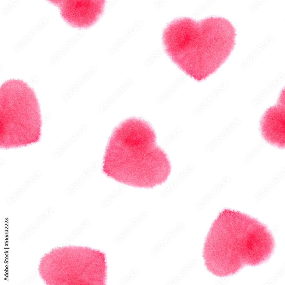 Watercolor seamless pattern with pink hearts. Watercolor romantic texture