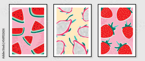 Fresh fruit wall art background vector set. Tropical fruit watercolor texture of watermelon, dragon fruit and strawberry. Spring and summer season design for home decor, interior, wallpaper, fabric.