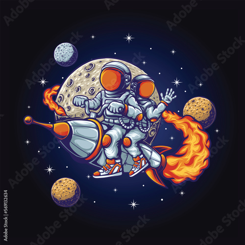 Couple astronaut riding a rocket among stars, moon and planets in outer space. Astronaut Hand drawn vector illustration