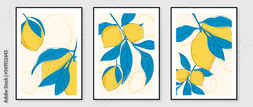 Fresh fruit wall art background vector set. Tropical fruit watercolor and line art texture of lemon with leaf branch. Spring and summer season design for home decor, interior, wallpaper, fabric.