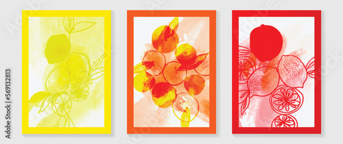 Fresh fruit wall art background vector set. Tropical watercolor lemon and orange with abstract scribble hand drawn style. Spring and summer season design for home decor, interior, wallpaper, fabric.