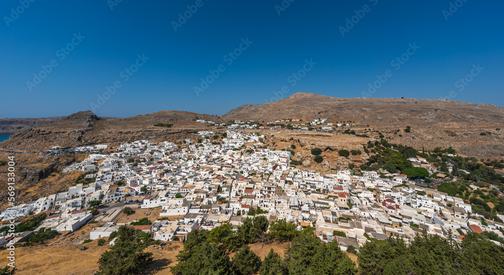 Aerial view of the town of Lindos in Rhodes, Greece