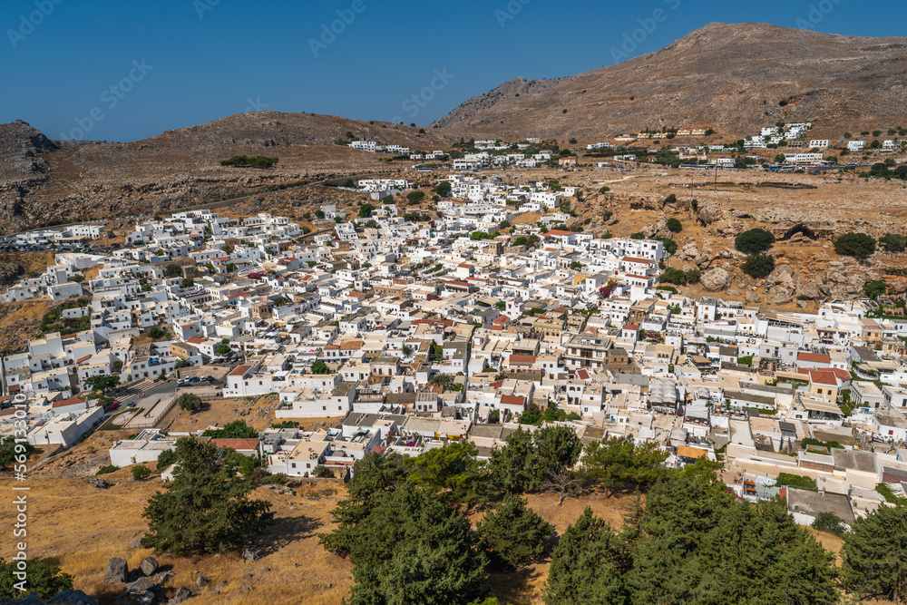 Aerial view of the town of Lindos in Rhodes, Greece