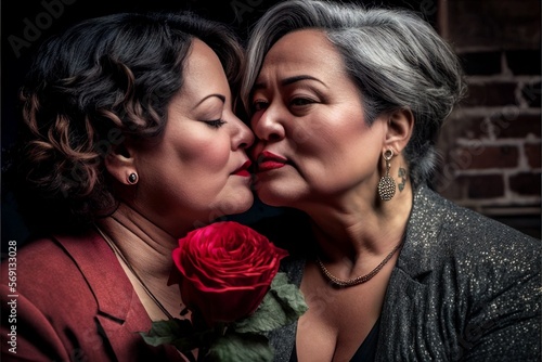 Married couple of lesbians kissing, middle-aged Asian with tattoo and latino woman in love, woman holding a beautiful red rose gift, romantic relationship, passionate kiss, made with AI Generative 