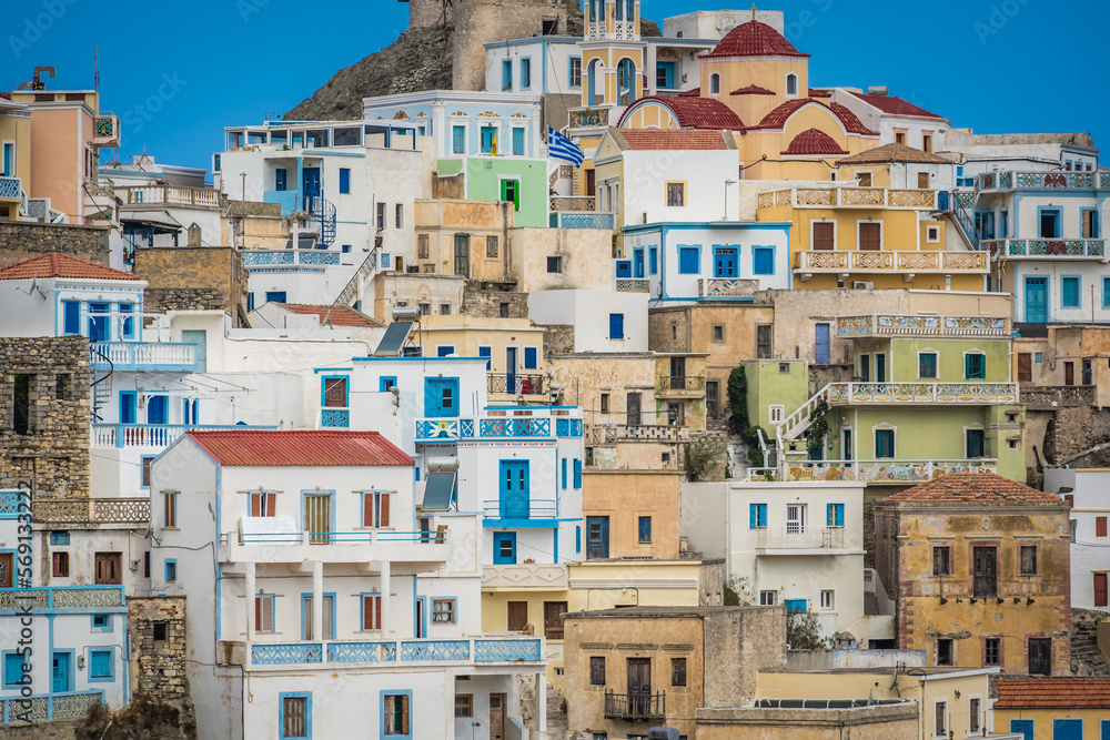 Hillside colorful homes in Olymbos