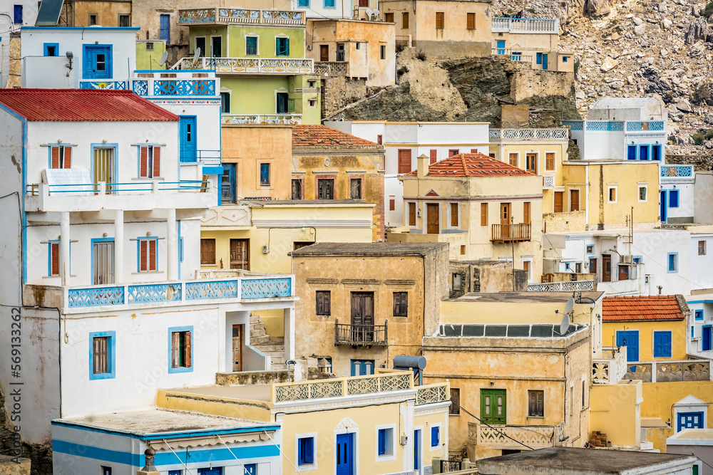 Hillside colorful homes in Olymbos