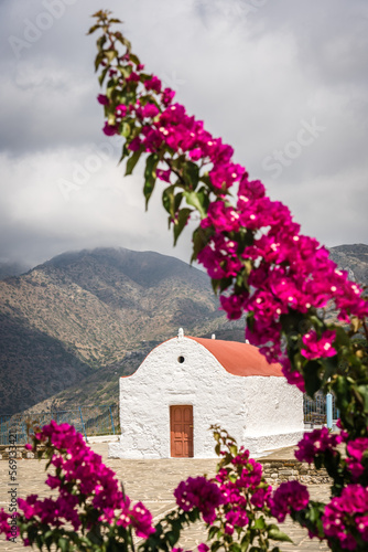 Obraz na płótnie Bougainvillea and Holy Triad Monastery in Mesochori w salonie