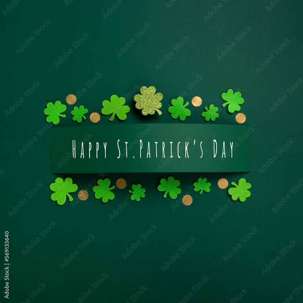 Green Clover Leaves Shamrocks on Green Background. St. Patrick's Day Holiday Concept. - obrazy, fototapety, plakaty 