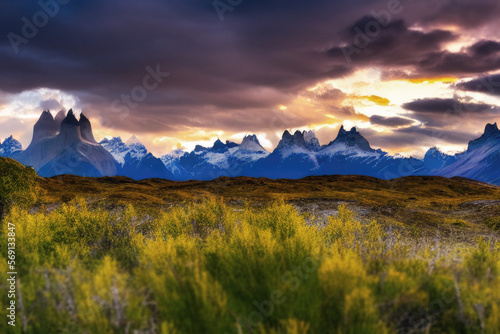 Chile sunset in the mountain range dusk sunset fields of grass dramatic skies